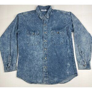 Dakota Men Medium Blue Acid Wash Denim Long Sleeve Button Up Shirt Made in USA